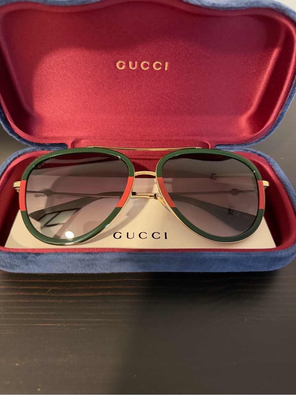 AUTHENTIC MEW GUCCI WOMAN GG0062S 003 57MM WEB AVIATOR SUNGLASSES TWO-TONE